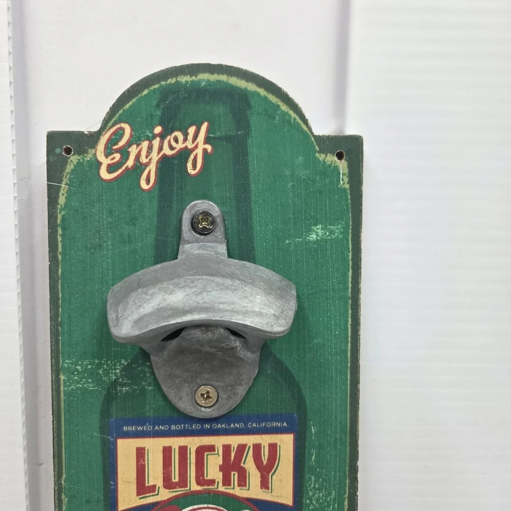 Vtg Lucky Dog Beer Wall Mounted Bottle Opener Cap Catcher Sign Man Cave